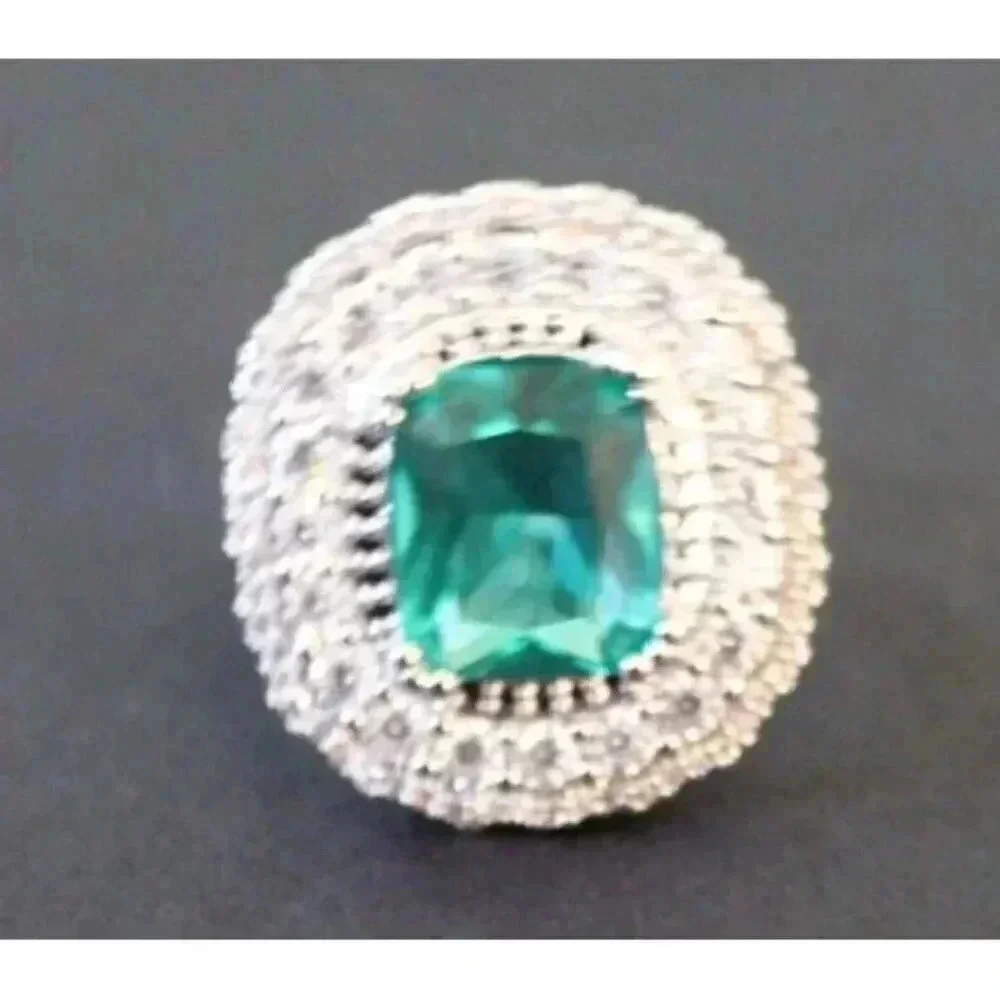 Vintage Art Nouveau Gaudy Victorian Cocktail Silver Green Gemstone Ring Sz 7.5